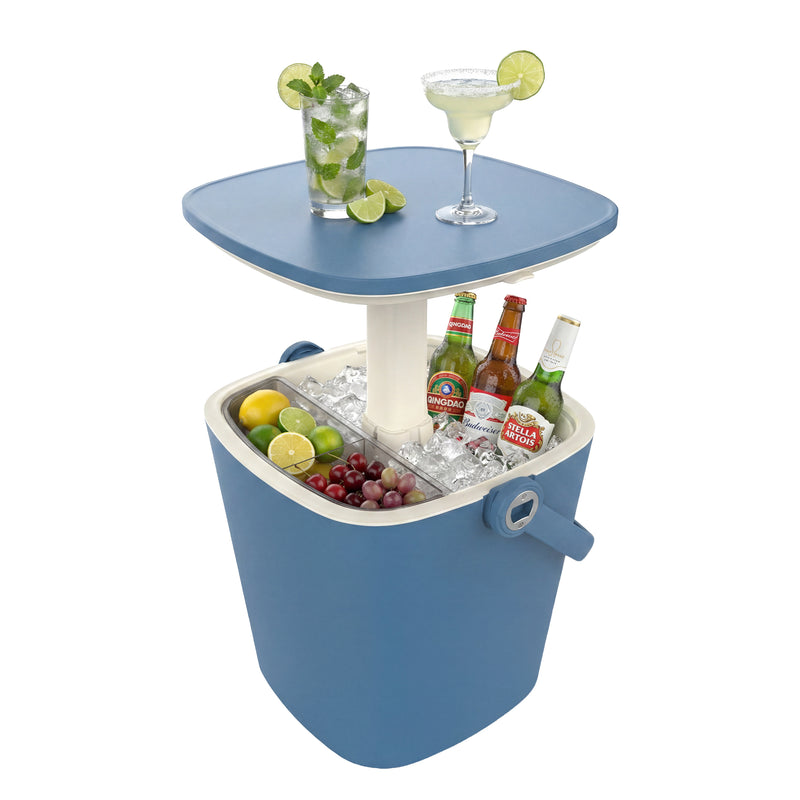 MINDYES Ice Bucket with Lid, Outdoor Beverage Cooler Table, Resin Patio Ice Bucket with Bottle Opener & Storage, Pool Party Drink Cooler, Blue