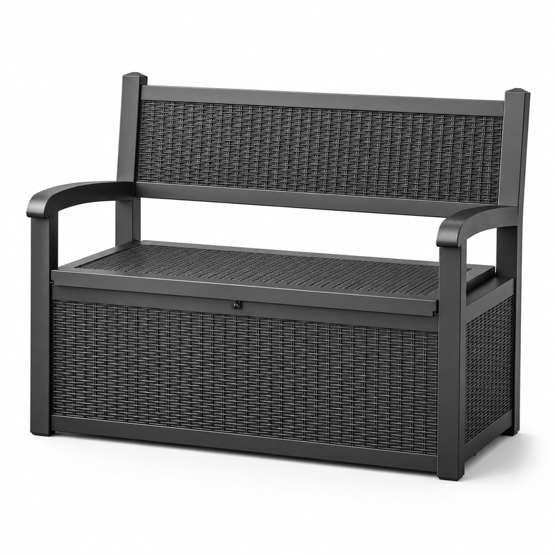 MINDYES 82 Gallon Outdoor Wicker Storage Bench, Deck Box and Organization Storage Combi for Backyard Garden, Black