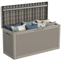 MINDYES 70 Gallon Resin Deck Box, Patio Cushions, Wicker Outdoor Storage Box Pool Toys & Garden Tools, Beige MINDYES 70 Gallon Resin Deck Box, Patio Cushions, Wicker Outdoor Storage Box Pool Toys & Garden Tools, Beige
