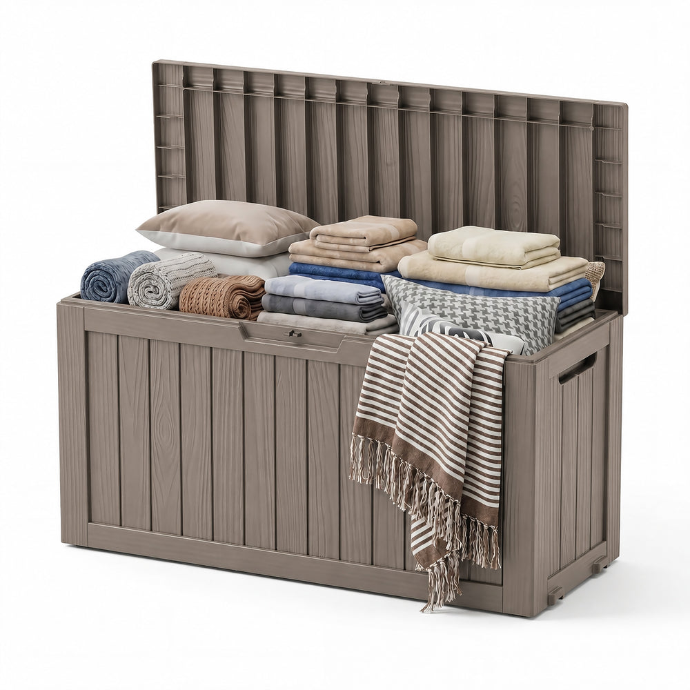 MINDYES 90 Gallon Outdoor Deck Box, Patio Storage Box with Gas Strut for Cushions, Holiday Decor & Garden Tools, Beige MINDYES 90 Gallon Outdoor Deck Box, Patio Storage Box with Gas Strut for Cushions, Holiday Decor & Garden Tools, Beige