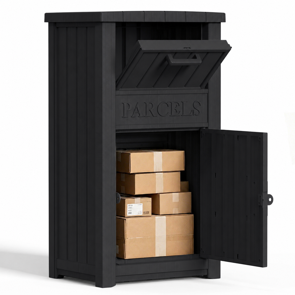 MINDYES Package Delivery Box for Porch with Lockable Secure Storage Compartment, Outdoor Storage Box for Patio Front Entryway, Black MINDYES Package Delivery Box for Porch with Lockable Secure Storage Compartment, Outdoor Storage Box for Patio Front Entryway, Black