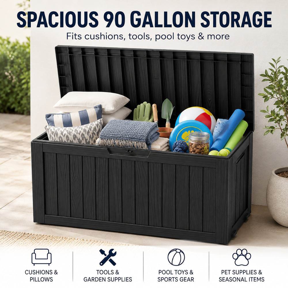 MINDYES 90 Gallon Deck Box, Outdoor Resin Storage Box with Gas Strut for Garden Patio Backyard, Black MINDYES 90 Gallon Deck Box, Outdoor Resin Storage Box with Gas Strut for Garden Patio Backyard, Black