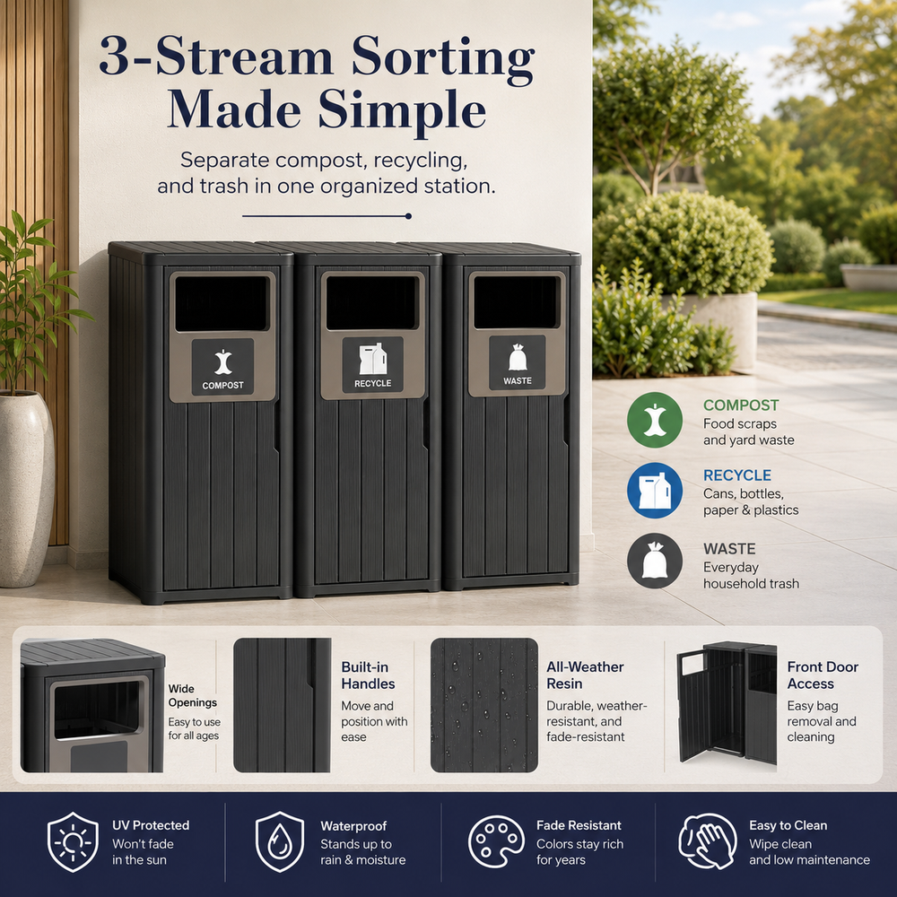 MINDYES 3-IN-1 Large Outdoor Trash Bin, 99 Gallon Waterproof Garbage Can with Garbage Labels for Roadside Bus Stop & Park, Black MINDYES 3-IN-1 Large Outdoor Trash Bin, 99 Gallon Waterproof Garbage Can with Garbage Labels for Roadside Bus Stop & Park, Black