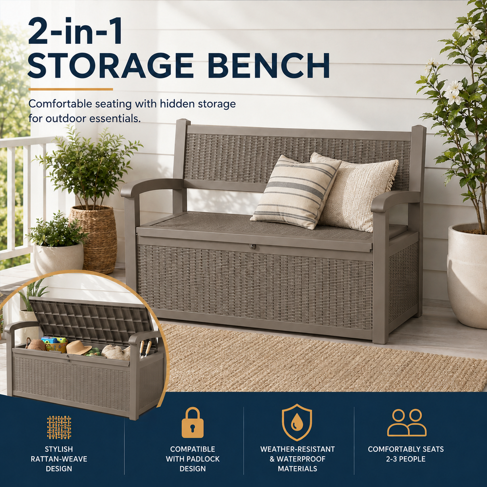 MINDYES Outdoor Storage Bench, 82 Gallon Wicker Deck Box and Organization Storage Combi for Cushions & Garden Tools, Light Brown MINDYES Outdoor Storage Bench, 82 Gallon Wicker Deck Box and Organization Storage Combi for Cushions & Garden Tools, Light Brown