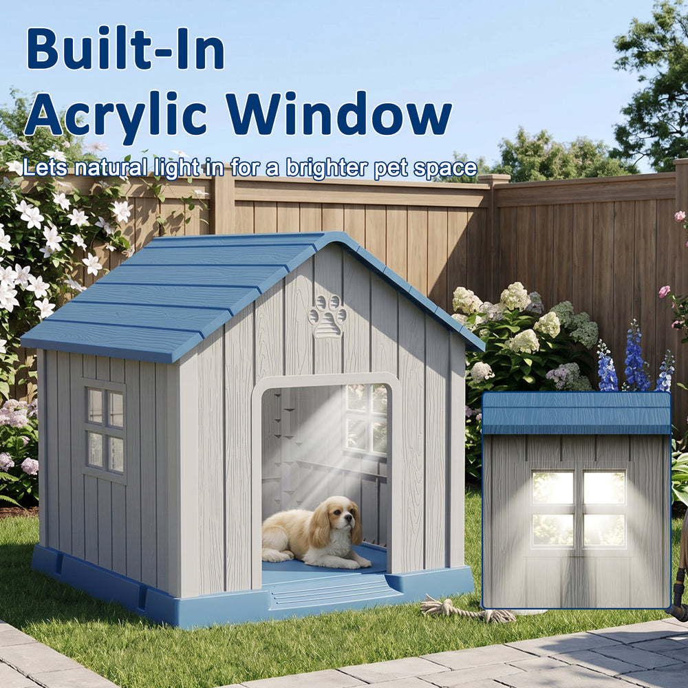 MINDYES Outdoor Dog House with Weatherproof Asphalt Roof & Window, Blue MINDYES Outdoor Dog House with Weatherproof Asphalt Roof & Window, Blue