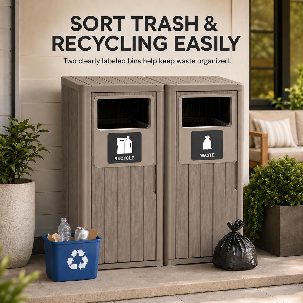 MINDYES Outdoor Trash Can with Garbage Labels, 66 Gallon Large Waterproof Garbage Can for Porch Patio, Light Brown MINDYES Outdoor Trash Can with Garbage Labels, 66 Gallon Large Waterproof Garbage Can for Porch Patio, Light Brown