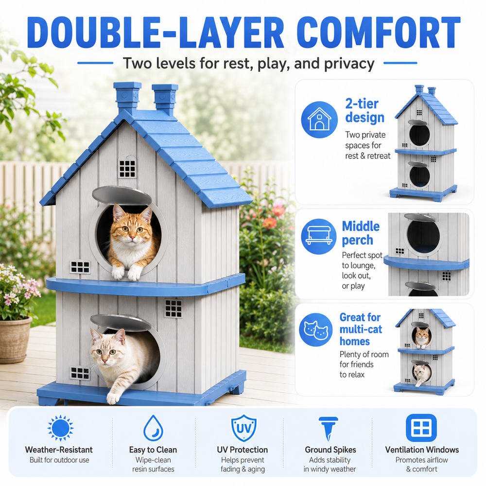 MINDYES Double-Layer Outdoor Cat House with Ventilation Windows, Weatherproof Pet Shelter for Garden & Patio, Blue MINDYES Double-Layer Outdoor Cat House with Ventilation Windows, Weatherproof Pet Shelter for Garden & Patio, Blue