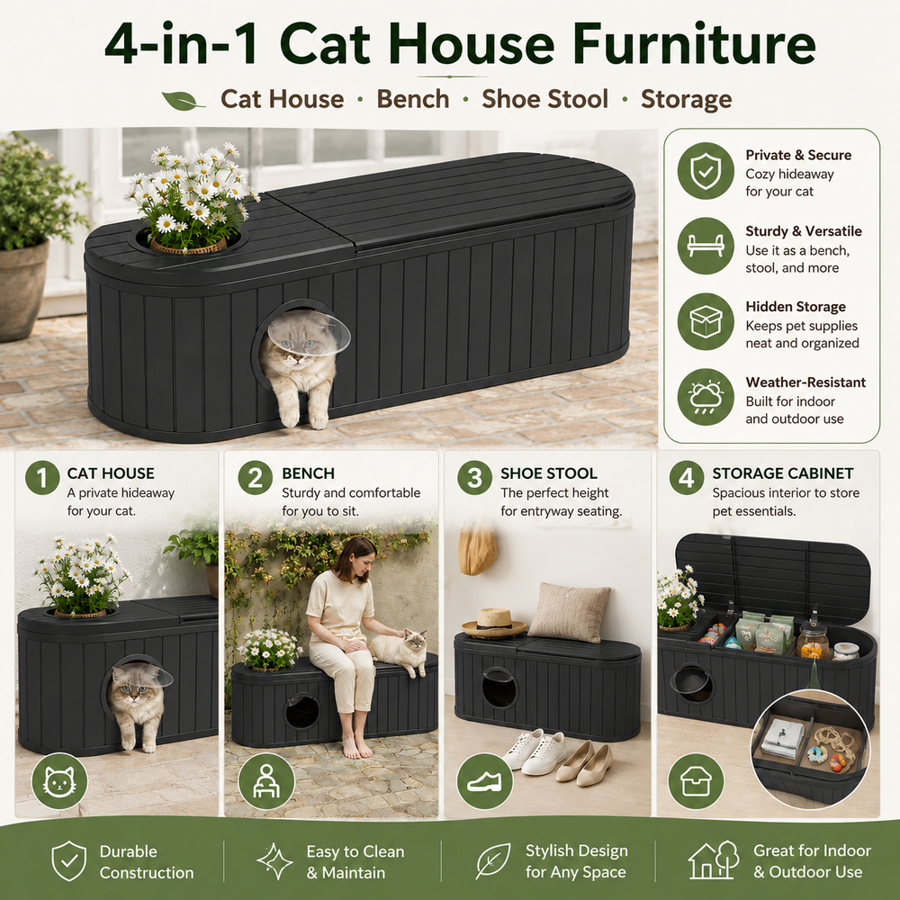 MINDYES Multifunctional Indoor Cat House, 4-In-1 Cat Bed for Shoe-Changing Stool, Bench and Storage Cabinet, Black MINDYES Multifunctional Indoor Cat House, 4-In-1 Cat Bed for Shoe-Changing Stool, Bench and Storage Cabinet, Black