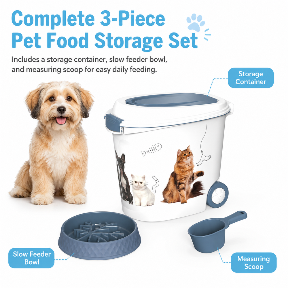 MINDYES 32 Lb Airtight Pet Food Storage Container, Dog & Cat Food Storage Bin with Scoop and Slow-Feeder Bowl MINDYES 32 Lb Airtight Pet Food Storage Container, Dog & Cat Food Storage Bin with Scoop and Slow-Feeder Bowl