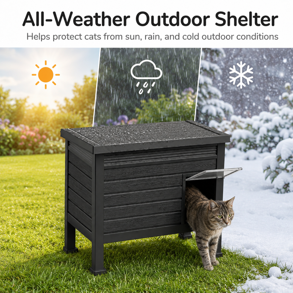 MINDYES Outdoor Cat House with Stent & Weatherproof Roof for Feral Cats & Kittens, Black MINDYES Outdoor Cat House with Stent & Weatherproof Roof for Feral Cats & Kittens, Black
