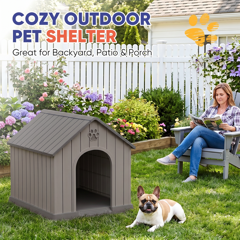 MINDYES Medium Small Dog House, Resin Faux Wood Dog Shelter for Outdoor & Indoor, Light Brown MINDYES Medium Small Dog House, Resin Faux Wood Dog Shelter for Outdoor & Indoor, Light Brown
