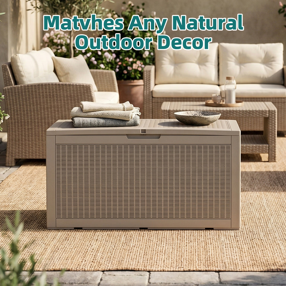 MINDYES 120 Gallon Resin Deck Box, Wicker Outdoor Storage Box for Garden Tools & Patio Cushions, Beige MINDYES 120 Gallon Resin Deck Box, Wicker Outdoor Storage Box for Garden Tools & Patio Cushions, Beige