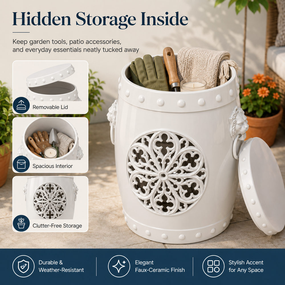MINDYES 3-in-1 Faux Ceramic Garden Stool, Indoor Outdoor Furniture with Storage & Side Table, Home Collection for Patio Garden, White MINDYES 3-in-1 Faux Ceramic Garden Stool, Indoor Outdoor Furniture with Storage & Side Table, Home Collection for Patio Garden, White