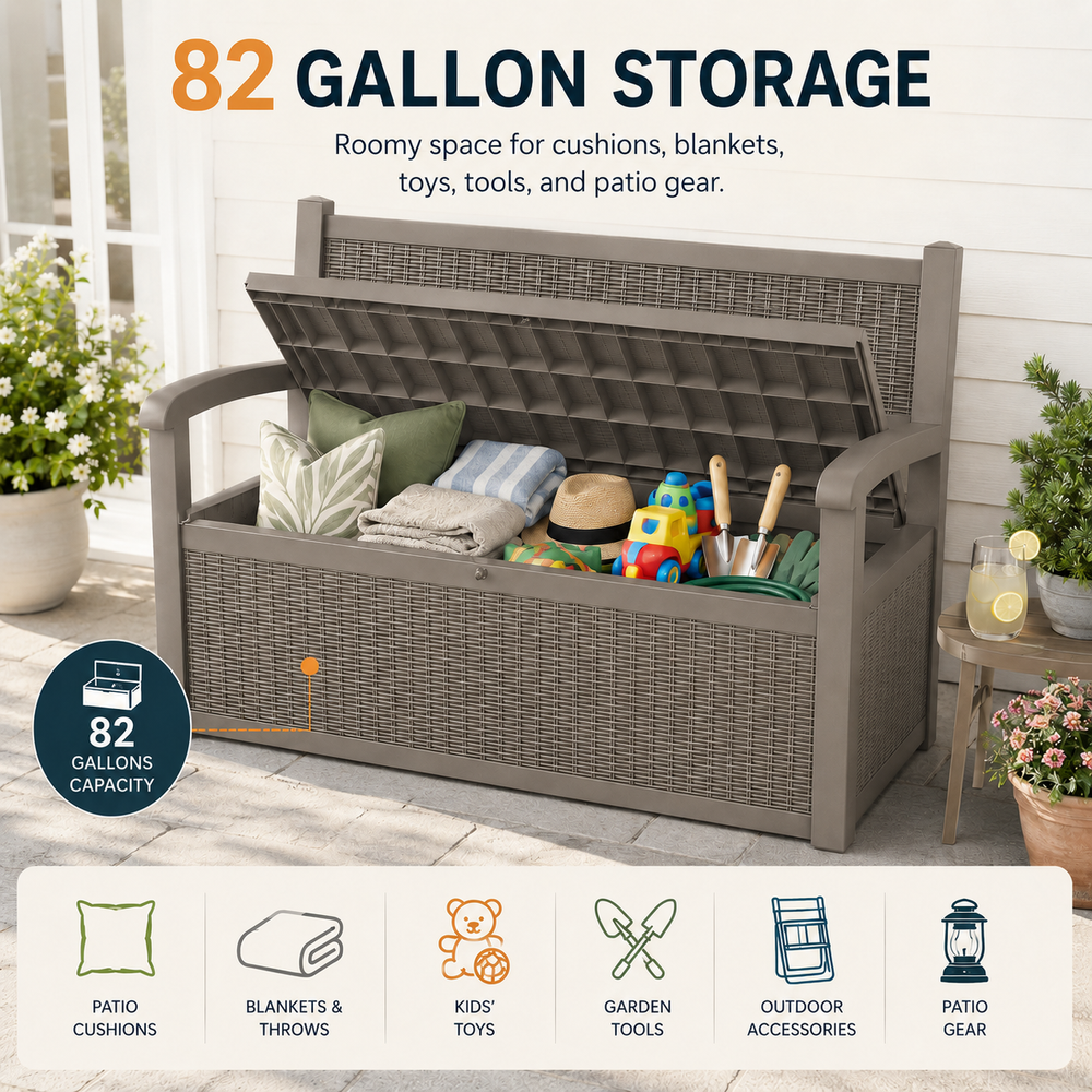 MINDYES Outdoor Storage Bench, 82 Gallon Wicker Deck Box and Organization Storage Combi for Cushions & Garden Tools, Light Brown MINDYES Outdoor Storage Bench, 82 Gallon Wicker Deck Box and Organization Storage Combi for Cushions & Garden Tools, Light Brown