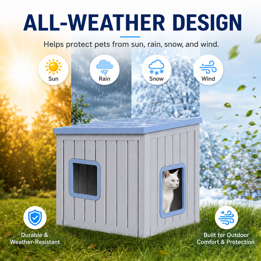 MINDYES Cat House, Outdoor Pet Shelter with Weatherproof Roof Removable Lids & Ventilation window, Blue MINDYES Cat House, Outdoor Pet Shelter with Weatherproof Roof Removable Lids & Ventilation window, Blue