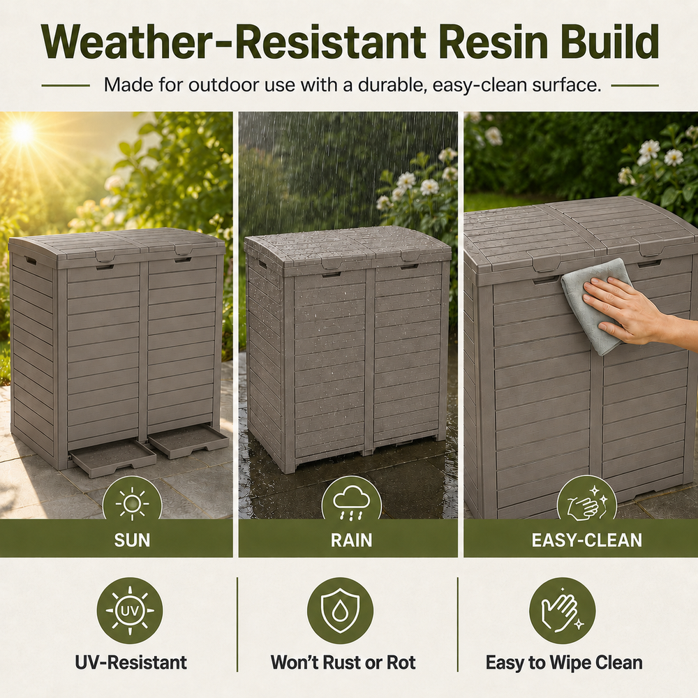 MINDYES Outdoor Trash Bin 62 Gallon Hideaway Garbage Can, Attached Lid, Light Brown MINDYES Outdoor Trash Bin 62 Gallon Hideaway Garbage Can, Attached Lid, Light Brown