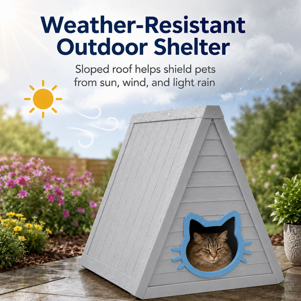 MINDYES Cat House, Indoor Outdoor Pet Shelter with Weatherproof Roof & Cat-shaped Door for All Small Pets, Gray MINDYES Cat House, Indoor Outdoor Pet Shelter with Weatherproof Roof & Cat-shaped Door for All Small Pets, Gray