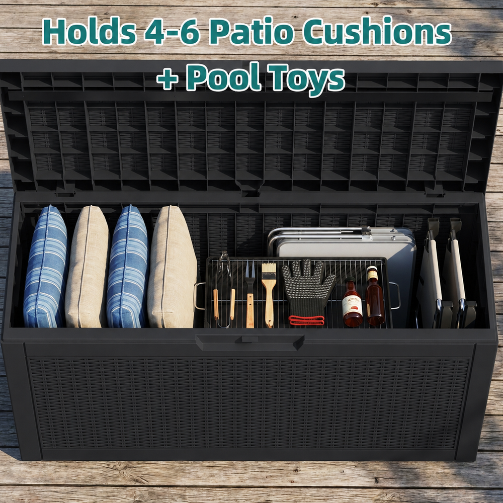 MINDYES 70 Gallon Wicker Deck Box, Outdoor Storage for Patio Cushions, Pool Toys & Garden Tools, Black MINDYES 70 Gallon Wicker Deck Box, Outdoor Storage for Patio Cushions, Pool Toys & Garden Tools, Black