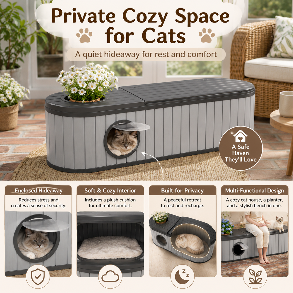 MINDYES Multifunctional 4-In-1 Outdoor Cat Bed Furniture, Combines Cat House, Shoe-Changing Stool, Bench and Storage Cabinet, Gray MINDYES Multifunctional 4-In-1 Outdoor Cat Bed Furniture, Combines Cat House, Shoe-Changing Stool, Bench and Storage Cabinet, Gray