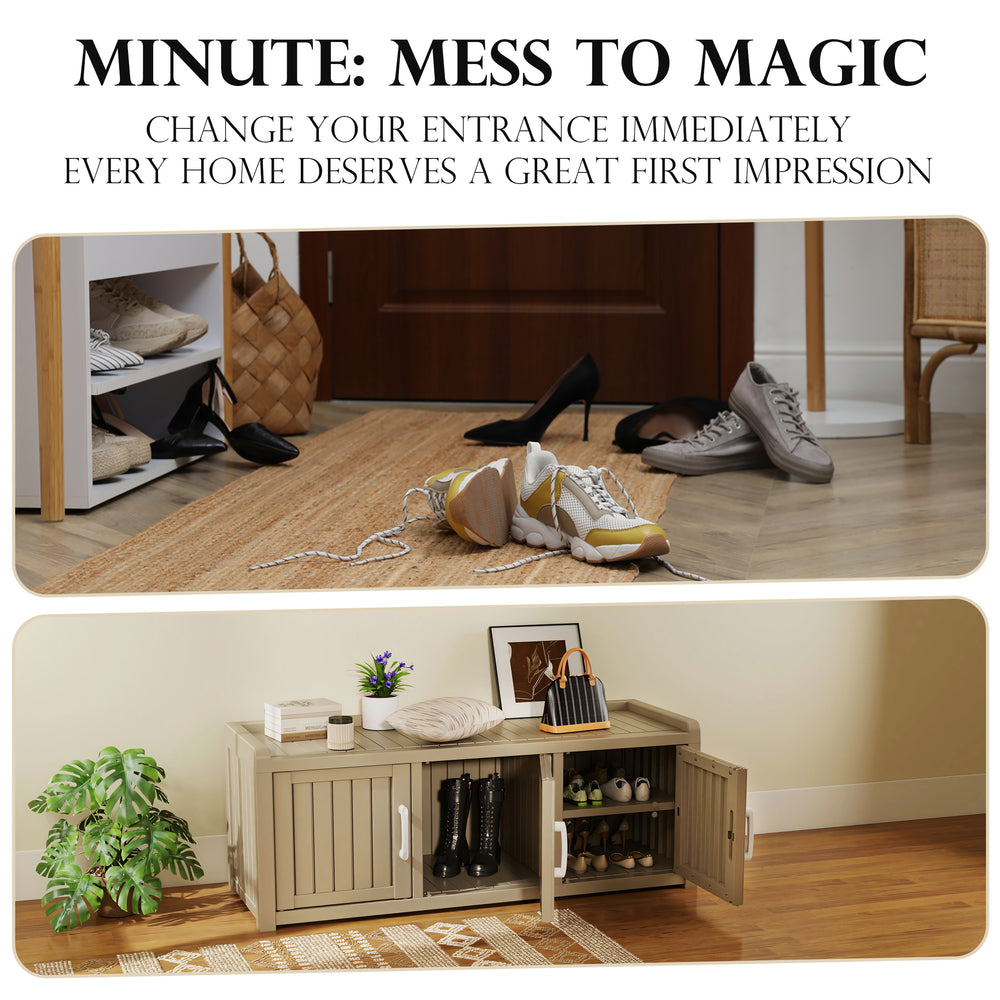 2-Tier Storage Bench Entryway Shoe Bench with 3 Doors and Adjustable Shelf 2-Tier Storage Bench Entryway Shoe Bench with 3 Doors and Adjustable Shelf