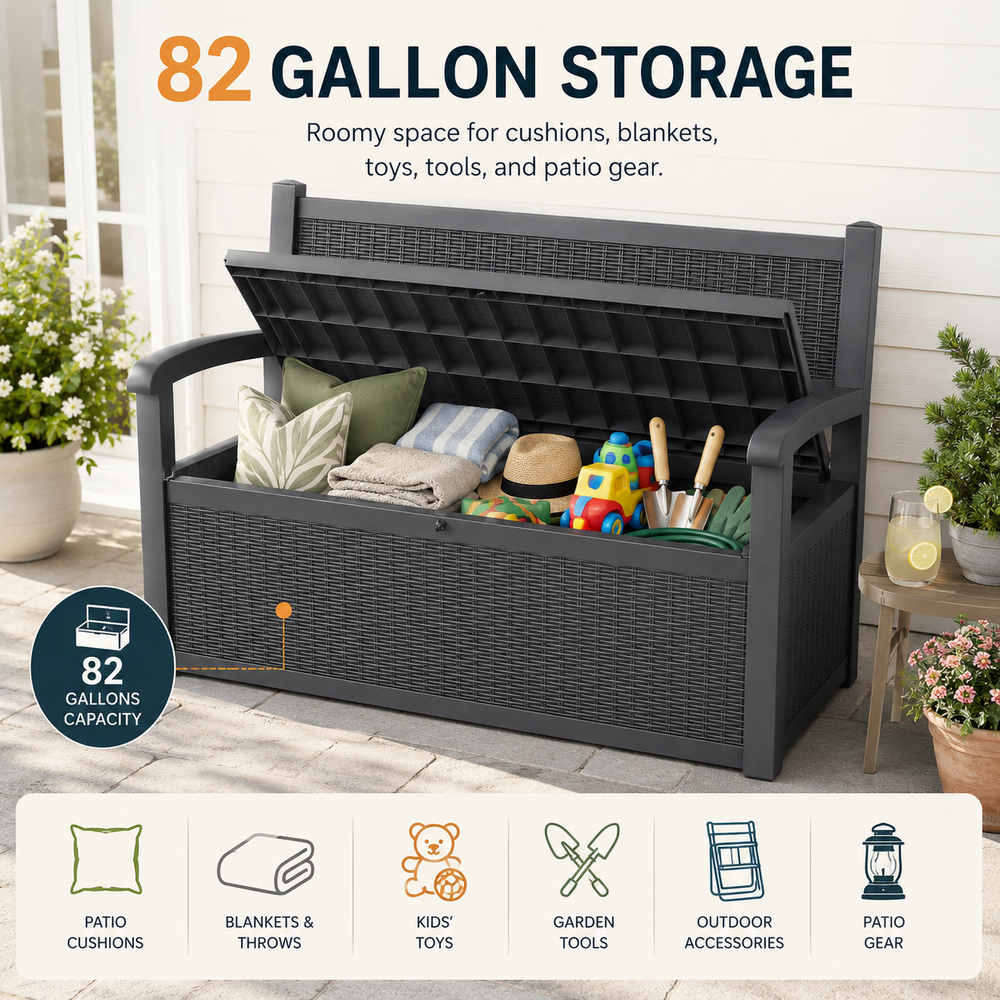 MINDYES 82 Gallon Outdoor Wicker Storage Bench, Deck Box and Organization Storage Combi for Backyard Garden, Black MINDYES 82 Gallon Outdoor Wicker Storage Bench, Deck Box and Organization Storage Combi for Backyard Garden, Black