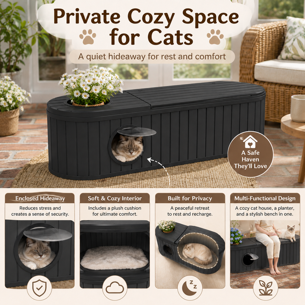 MINDYES Multifunctional Indoor Cat House, 4-In-1 Cat Bed for Shoe-Changing Stool, Bench and Storage Cabinet, Black MINDYES Multifunctional Indoor Cat House, 4-In-1 Cat Bed for Shoe-Changing Stool, Bench and Storage Cabinet, Black