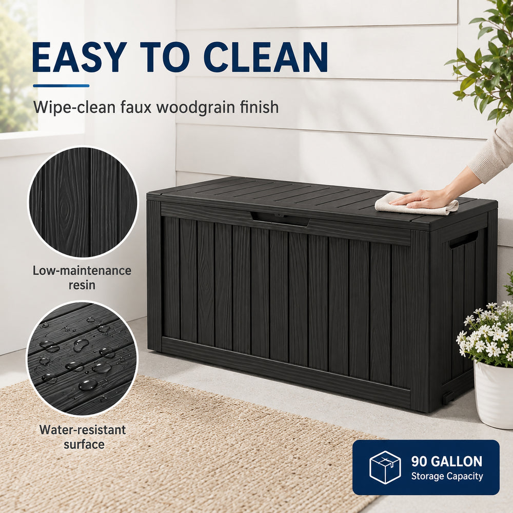 MINDYES 90 Gallon Deck Box, Outdoor Resin Storage Box with Gas Strut for Garden Patio Backyard, Black MINDYES 90 Gallon Deck Box, Outdoor Resin Storage Box with Gas Strut for Garden Patio Backyard, Black