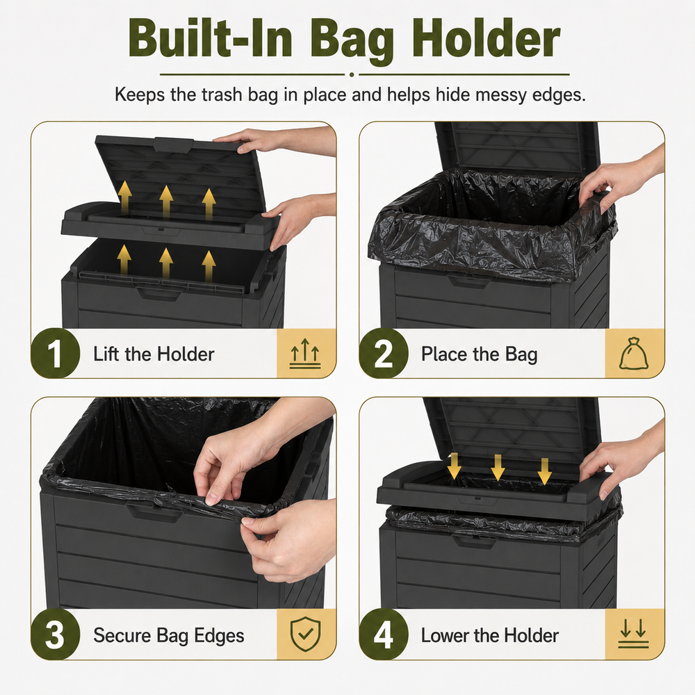 MINDYES 31 Gallon Outdoor Trash Bin with Lid & Drip Tray, Large Hideaway Garbage Can for Porch & Backyard, Black MINDYES 31 Gallon Outdoor Trash Bin with Lid & Drip Tray, Large Hideaway Garbage Can for Porch & Backyard, Black