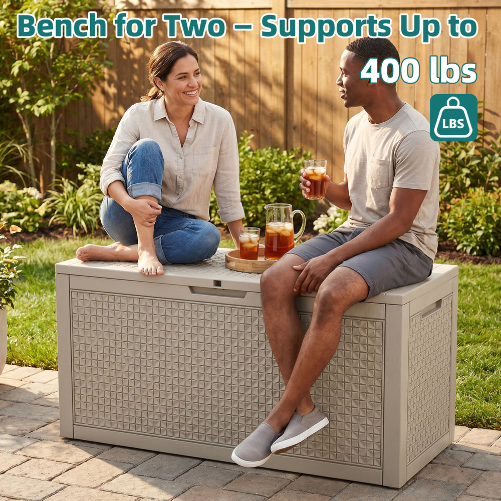 MINDYES 120 Gallon Resin Deck Box, Diamond Outdoor Storage Box for Patio Cushions, Pool Floats & Garden Tools, Beige MINDYES 120 Gallon Resin Deck Box, Diamond Outdoor Storage Box for Patio Cushions, Pool Floats & Garden Tools, Beige