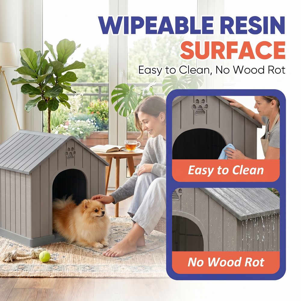 MINDYES Medium Small Dog House, Resin Faux Wood Dog Shelter for Outdoor & Indoor, Light Brown MINDYES Medium Small Dog House, Resin Faux Wood Dog Shelter for Outdoor & Indoor, Light Brown