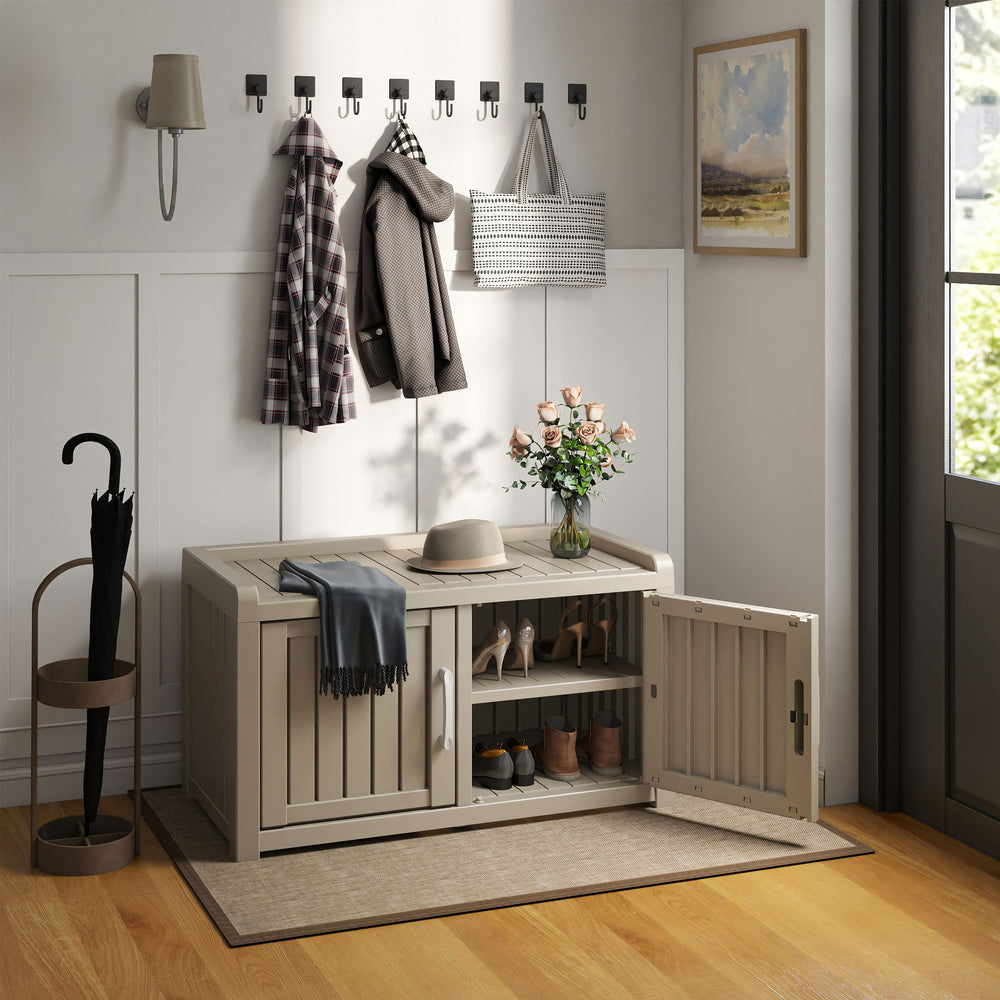 Shoe Storage Bench Entryway Bench with Adjustable Shelves and 2 Doors for Hallway, Living Room, Bedroom Shoe Storage Bench Entryway Bench with Adjustable Shelves and 2 Doors for Hallway, Living Room, Bedroom