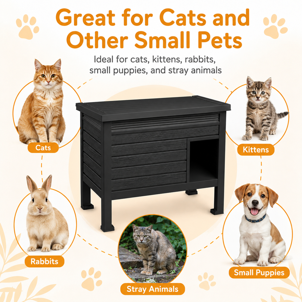 MINDYES Outdoor Cat House with Stent & Weatherproof Roof for Feral Cats & Kittens, Black MINDYES Outdoor Cat House with Stent & Weatherproof Roof for Feral Cats & Kittens, Black