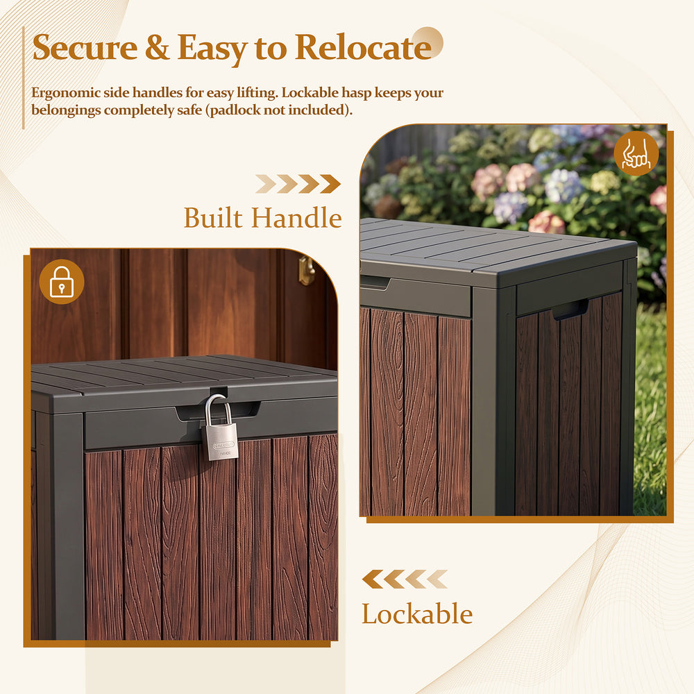 MINDYES 35 Gallon Outdoor Deck Box, Resin Walnut Wood Storage Boxs for Backyard Patio Gaden MINDYES 35 Gallon Outdoor Deck Box, Resin Walnut Wood Storage Boxs for Backyard Patio Gaden