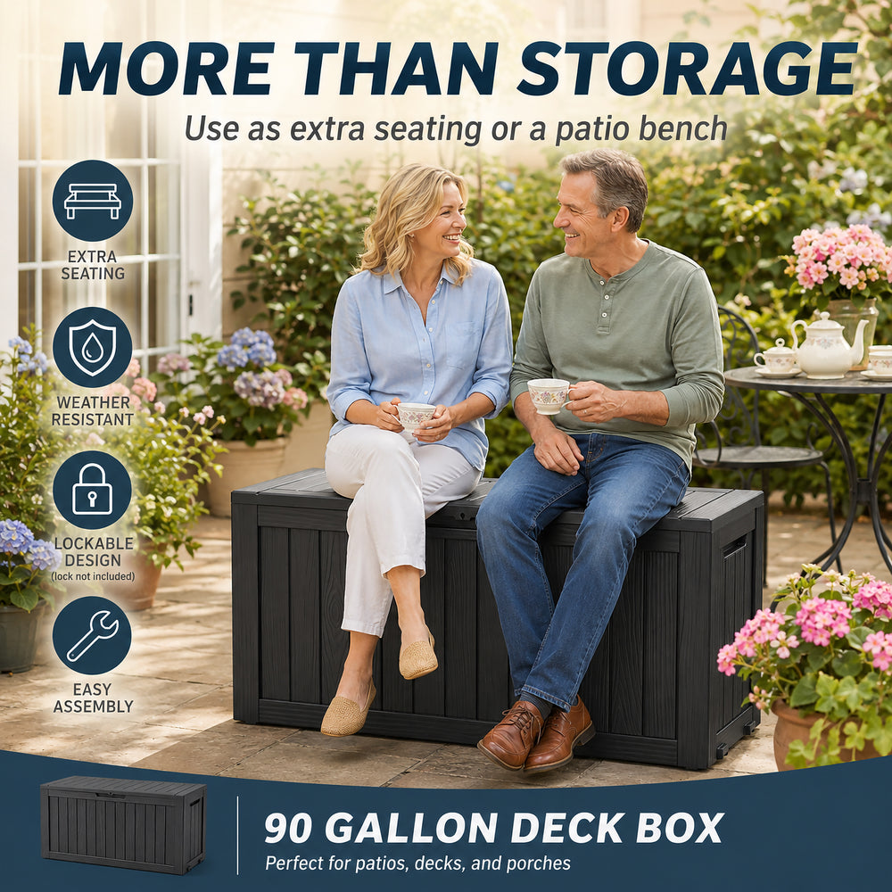 MINDYES 90 Gallon Deck Box, Outdoor Resin Storage Box with Gas Strut for Garden Patio Backyard, Black MINDYES 90 Gallon Deck Box, Outdoor Resin Storage Box with Gas Strut for Garden Patio Backyard, Black