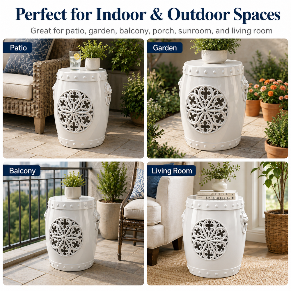 MINDYES 3-in-1 Faux Ceramic Garden Stool, Indoor Outdoor Furniture with Storage & Side Table, Home Collection for Patio Garden, White MINDYES 3-in-1 Faux Ceramic Garden Stool, Indoor Outdoor Furniture with Storage & Side Table, Home Collection for Patio Garden, White
