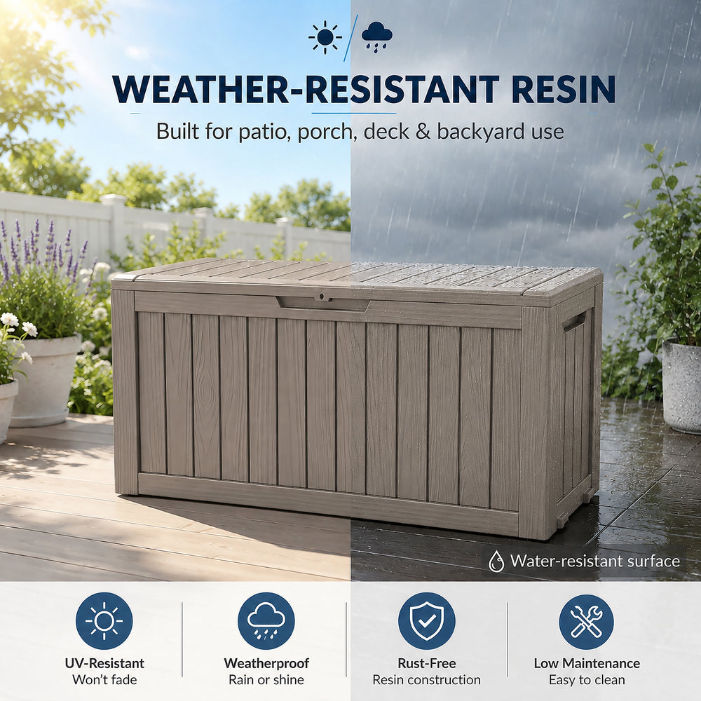 MINDYES 90 Gallon Outdoor Deck Box, Patio Storage Box with Gas Strut for Cushions, Holiday Decor & Garden Tools, Beige MINDYES 90 Gallon Outdoor Deck Box, Patio Storage Box with Gas Strut for Cushions, Holiday Decor & Garden Tools, Beige