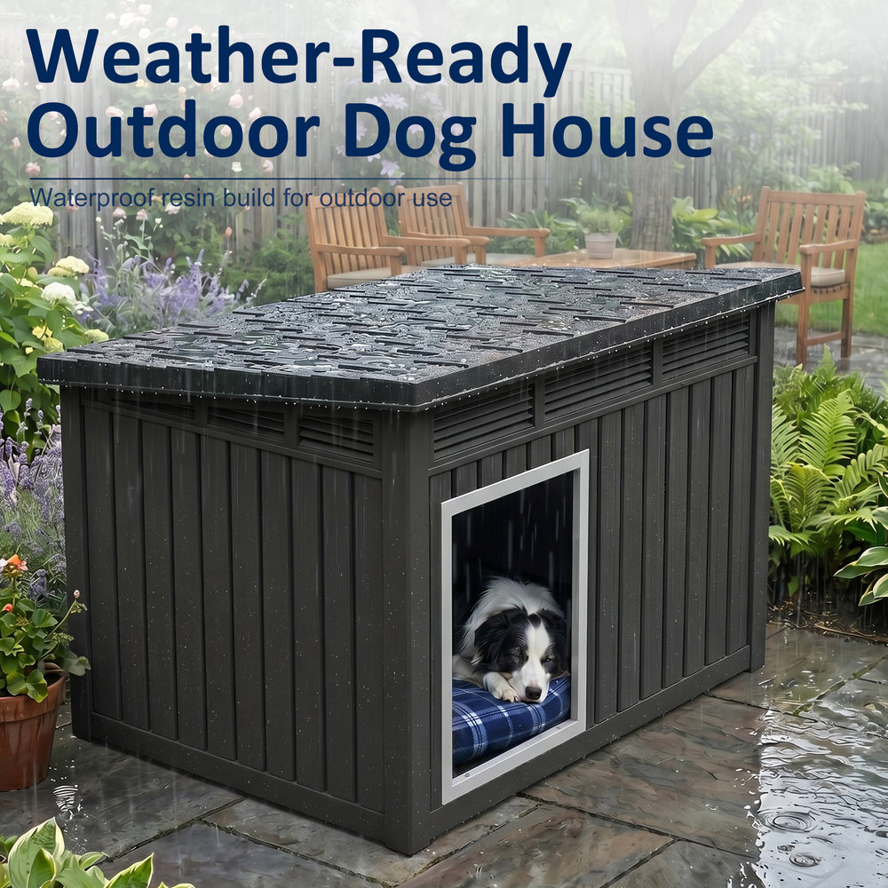 MINDYES Classic Dog House Outdoor Faux Wooden Shelter with Weatherproof Roof Removable Floors for Medium Small Dogs, Black MINDYES Classic Dog House Outdoor Faux Wooden Shelter with Weatherproof Roof Removable Floors for Medium Small Dogs, Black