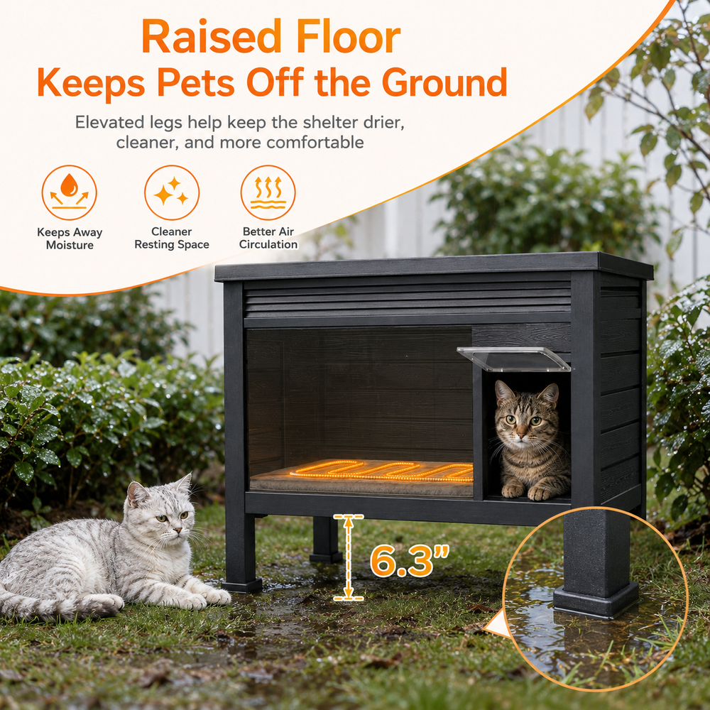 MINDYES Outdoor Cat House with Heating Pad, Pet Shelter with Weatherproof Roof & Stent, Black MINDYES Outdoor Cat House with Heating Pad, Pet Shelter with Weatherproof Roof & Stent, Black