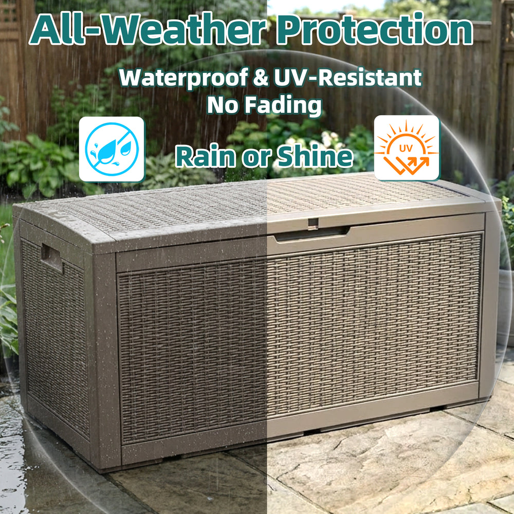 MINDYES 120 Gallon Resin Deck Box, Wicker Outdoor Storage Box for Garden Tools & Patio Cushions, Beige MINDYES 120 Gallon Resin Deck Box, Wicker Outdoor Storage Box for Garden Tools & Patio Cushions, Beige