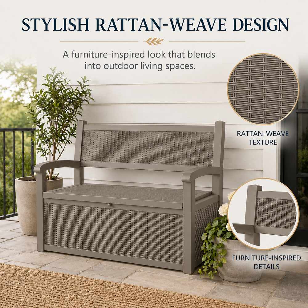 MINDYES Outdoor Storage Bench, 82 Gallon Wicker Deck Box and Organization Storage Combi for Cushions & Garden Tools, Light Brown MINDYES Outdoor Storage Bench, 82 Gallon Wicker Deck Box and Organization Storage Combi for Cushions & Garden Tools, Light Brown