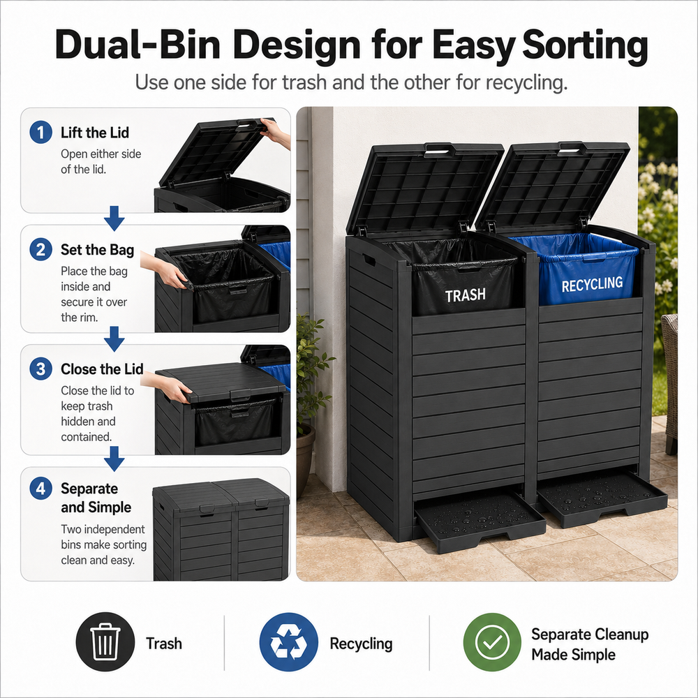 MINDYES 62 Gallon Outdoor Trash Can with Lid, Hideaway Garbage Can for Patio Porch & Backyard, Black MINDYES 62 Gallon Outdoor Trash Can with Lid, Hideaway Garbage Can for Patio Porch & Backyard, Black