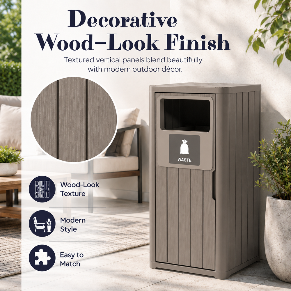 MINDYES Outdoor Trash Can with Garbage Labels, 33 Gallon Waste Container for Porch Backyard, Light Brown MINDYES Outdoor Trash Can with Garbage Labels, 33 Gallon Waste Container for Porch Backyard, Light Brown