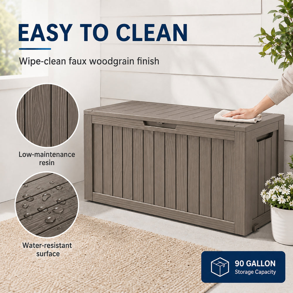 MINDYES 90 Gallon Outdoor Deck Box, Patio Storage Box with Gas Strut for Cushions, Holiday Decor & Garden Tools, Beige MINDYES 90 Gallon Outdoor Deck Box, Patio Storage Box with Gas Strut for Cushions, Holiday Decor & Garden Tools, Beige