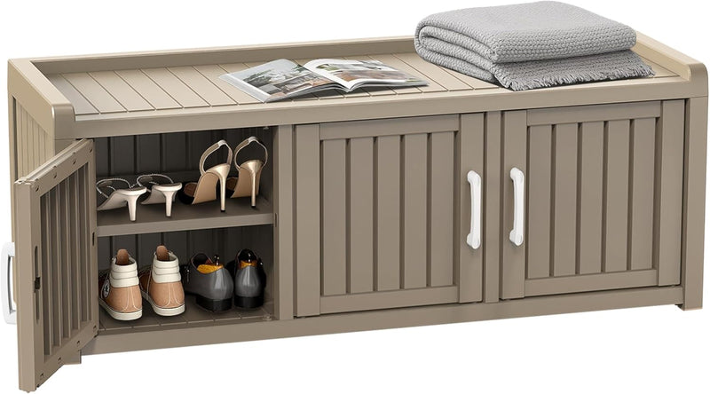 2-Tier Storage Bench Entryway Shoe Bench with 3 Doors and Adjustable Shelf