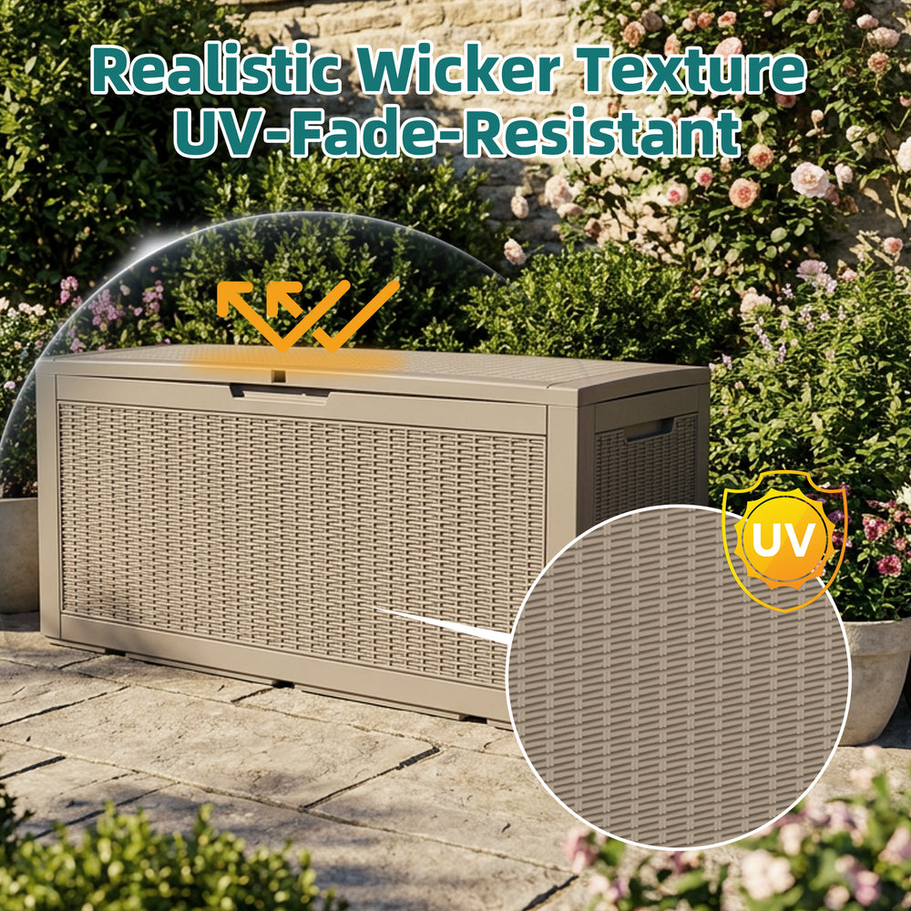 MINDYES 120 Gallon Resin Deck Box, Wicker Outdoor Storage Box for Garden Tools & Patio Cushions, Beige MINDYES 120 Gallon Resin Deck Box, Wicker Outdoor Storage Box for Garden Tools & Patio Cushions, Beige