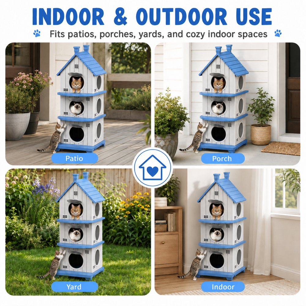 MINDYES Outdoor Three-Tier Cat Bed, Weatherproof Cat House Pet Shelter for Garden & Patio, Blue MINDYES Outdoor Three-Tier Cat Bed, Weatherproof Cat House Pet Shelter for Garden & Patio, Blue