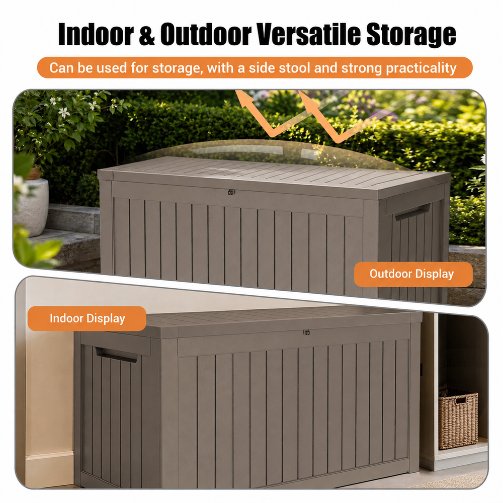 MINDYES 260 Gallon Outdoor Deck Box, 3-IN-1 Large Storage Box for Locker, Stool & Table, Beige MINDYES 260 Gallon Outdoor Deck Box, 3-IN-1 Large Storage Box for Locker, Stool & Table, Beige