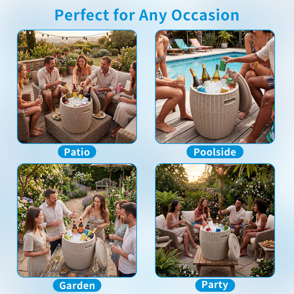 MINDYES 4-IN-1 Outdoor Patio Garden Furniture, Stool Storage Box Cool Bar Table Side Table with 10 Gallon Ice Bucket, Beige MINDYES 4-IN-1 Outdoor Patio Garden Furniture, Stool Storage Box Cool Bar Table Side Table with 10 Gallon Ice Bucket, Beige