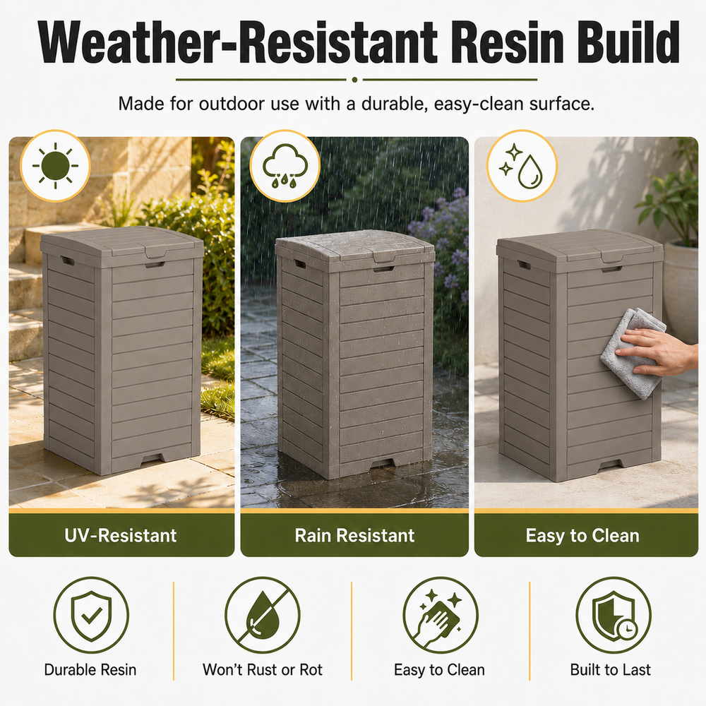 MINDYES Outdoor Trash Bin with Lid & Drip Tray, Hideaway Garbage Can, Light Brown MINDYES Outdoor Trash Bin with Lid & Drip Tray, Hideaway Garbage Can, Light Brown