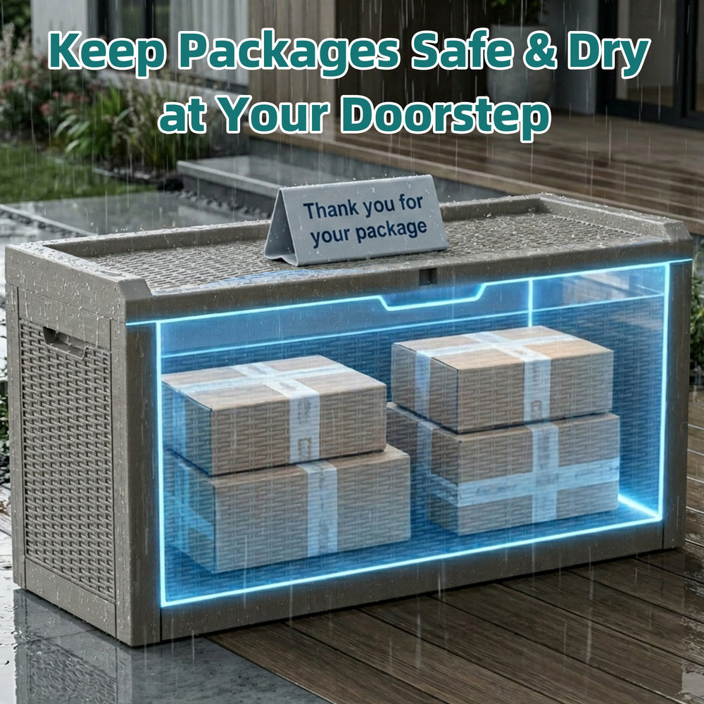 MINDYES 70 Gallon Resin Deck Box, Patio Cushions, Wicker Outdoor Storage Box Pool Toys & Garden Tools, Beige MINDYES 70 Gallon Resin Deck Box, Patio Cushions, Wicker Outdoor Storage Box Pool Toys & Garden Tools, Beige